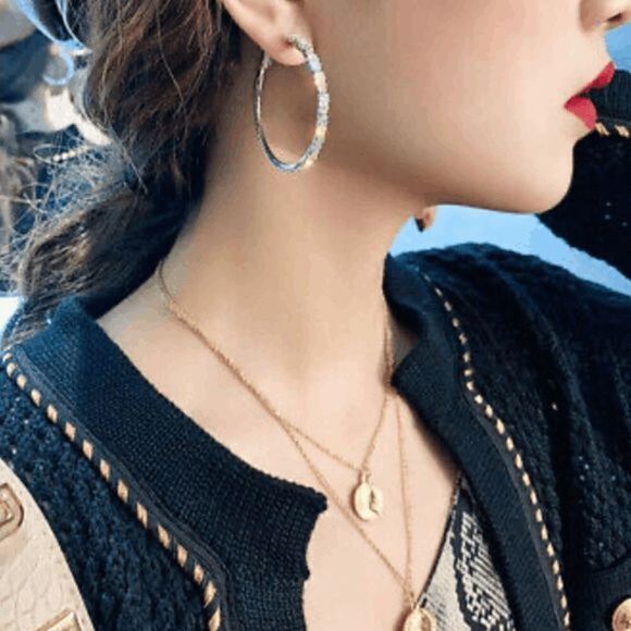 SILVER DIAMOND HOOP EARRINGS  - Picture 2 of 9